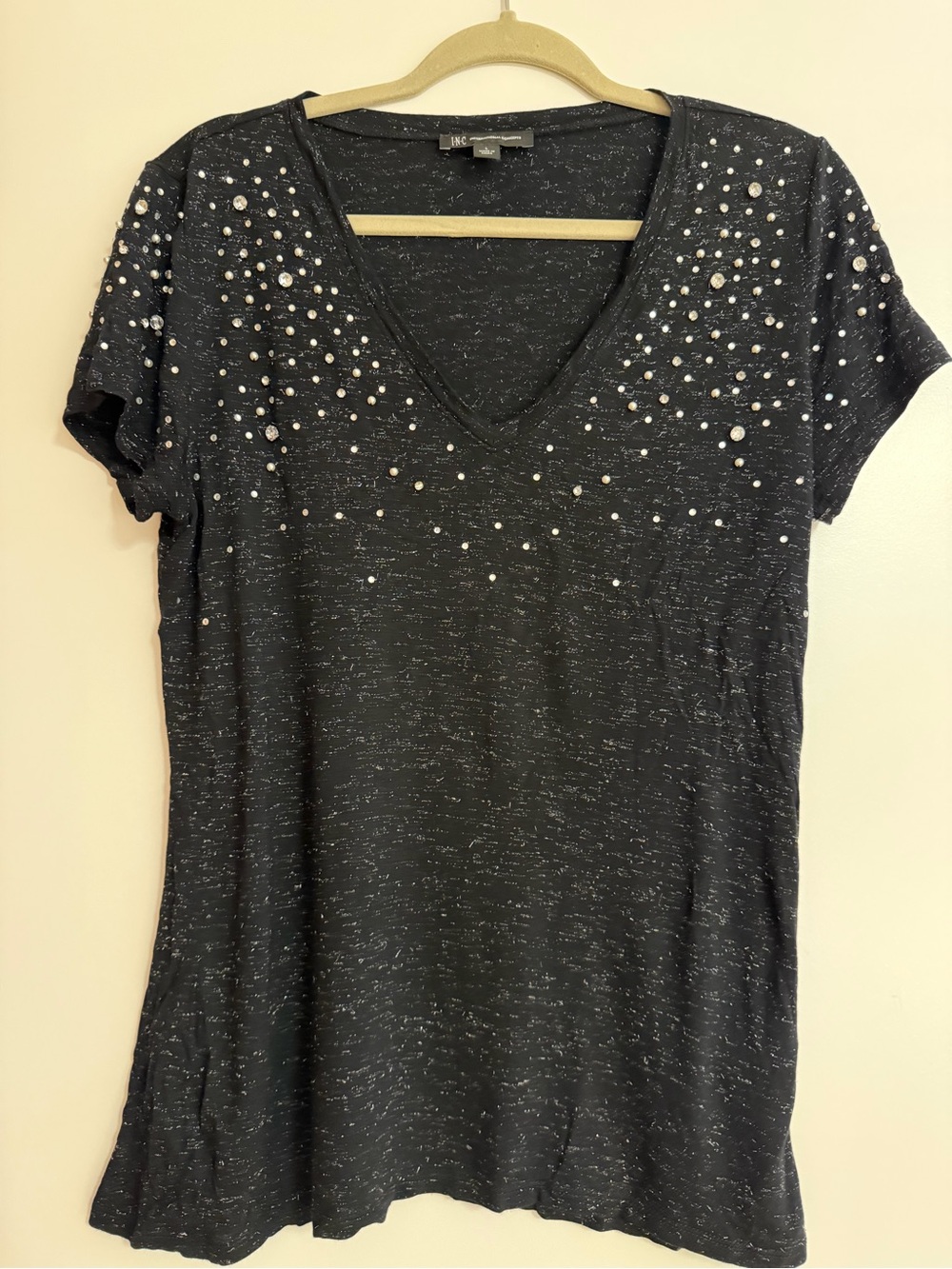 INC International Concepts Black Short-Sleeve V-Neck Top with Pearl Studs